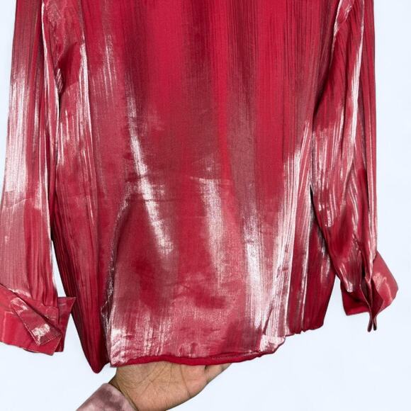 Vintage Milano Metallic Pink Crinkle Button Down Blouse XL Y2K Glam Party Top - Picture 8 of 10